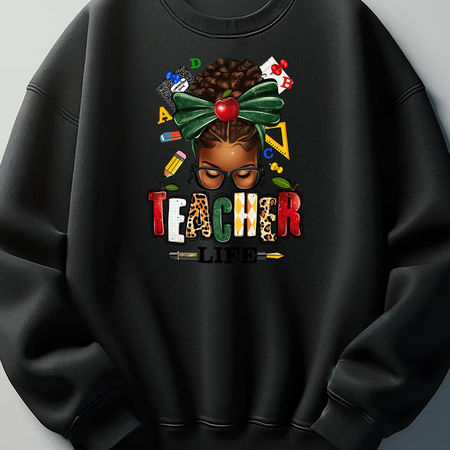 Afro messy bun Teacher Life DTF Transfer ready for press