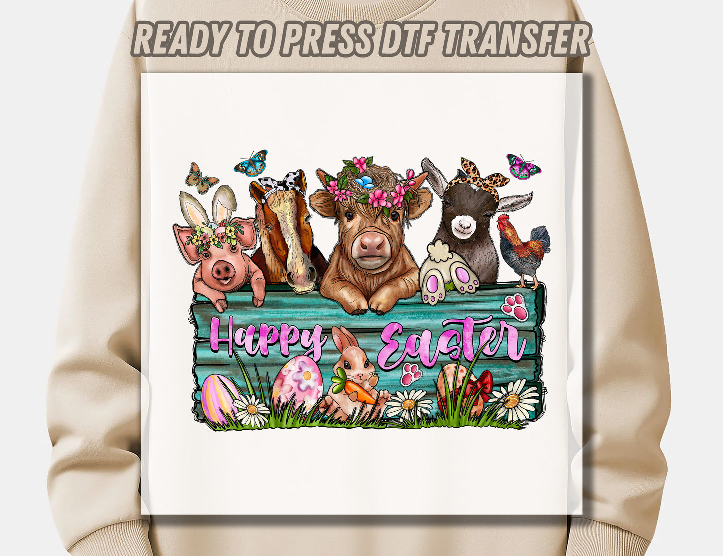 Happy Easter Farm Animals DTF Transfer ready for press