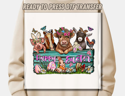 Happy Easter Farm Animals DTF Transfer ready for press