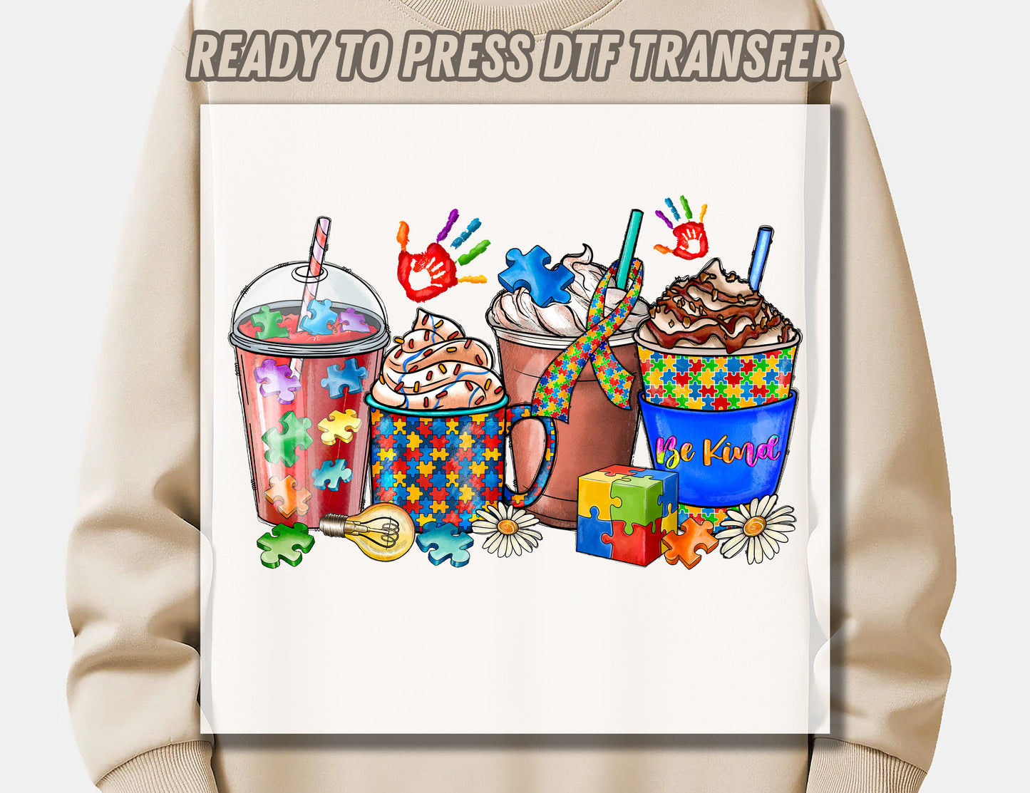 Autism Awareness Day Be kind cups DTF Transfer ready for press