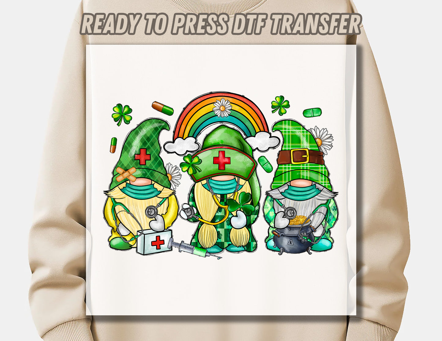 St. Patrick's Day Nurse Gnome DTF Transfer ready for press