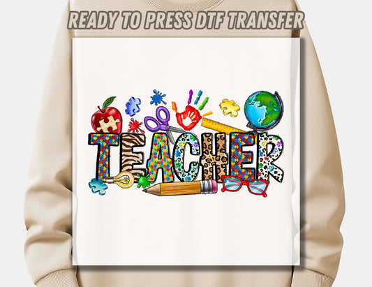 Autism Teacher DTF Transfer ready to press