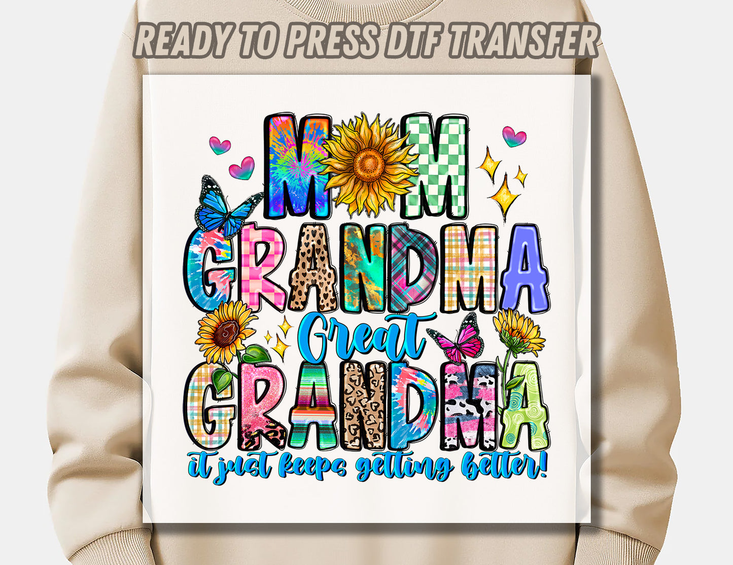 Mom Grandma Great Grandma It Just Keeps Getting Better DTF Transfer ready for press