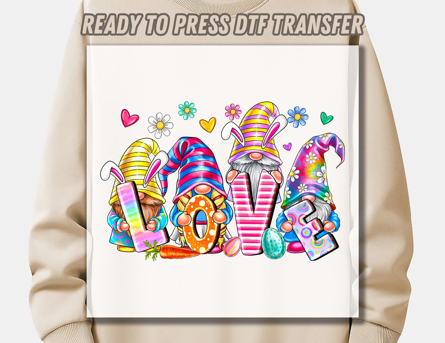 Love Easter gnomes DTF Transfer ready for press