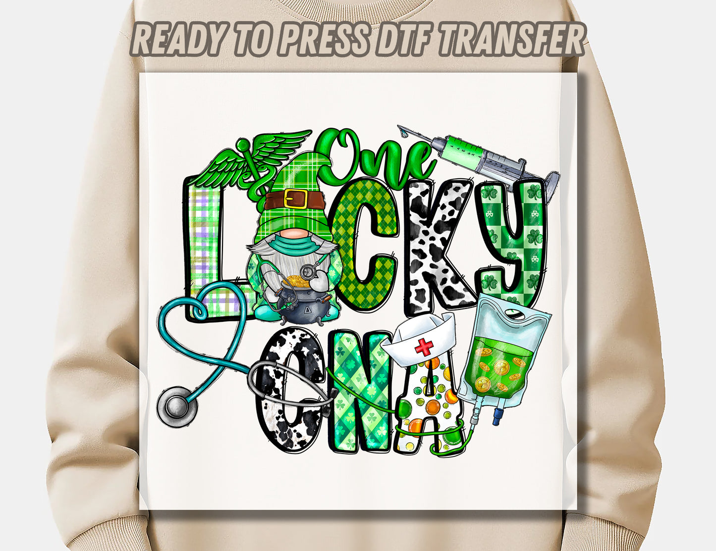 St. Patrick's Day One Lucky Cna DTF Transfer ready for press