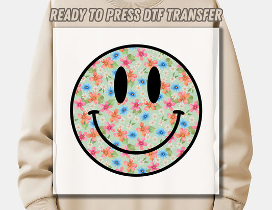 Flower Smile Face DTF Transfer ready for press