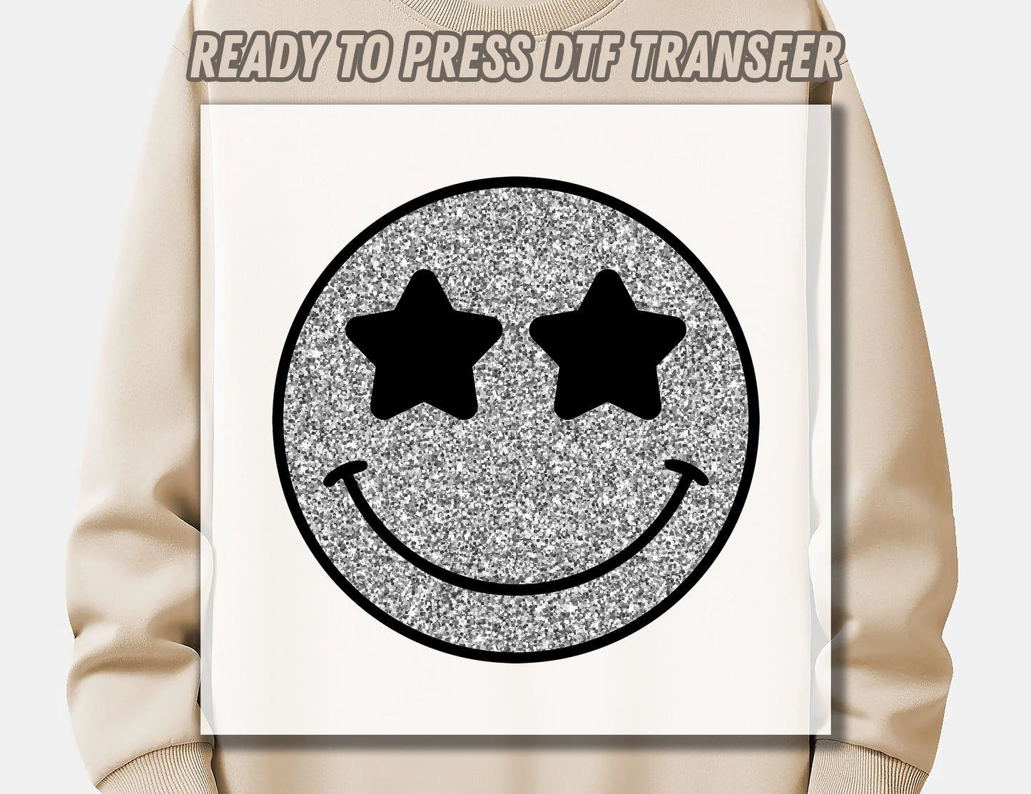 Silver Glitter Smile Face DTF Transfer ready for press