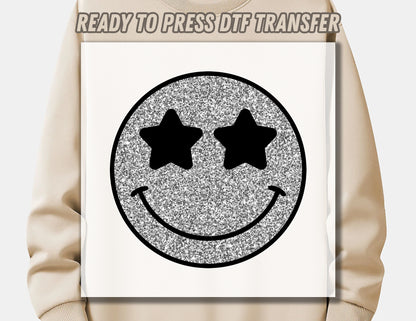 Silver Glitter Smile Face DTF Transfer ready for press