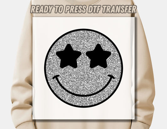 Silver Glitter Smile Face DTF Transfer ready for press