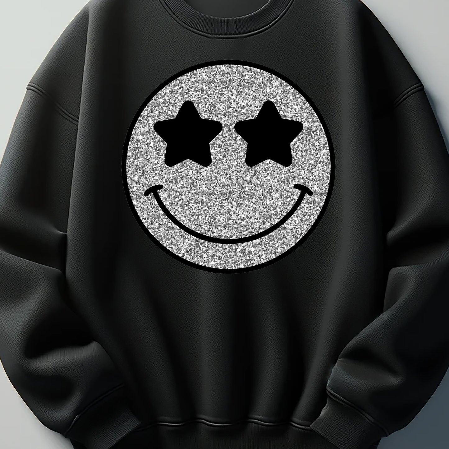 Silver Glitter Smile Face DTF Transfer ready for press