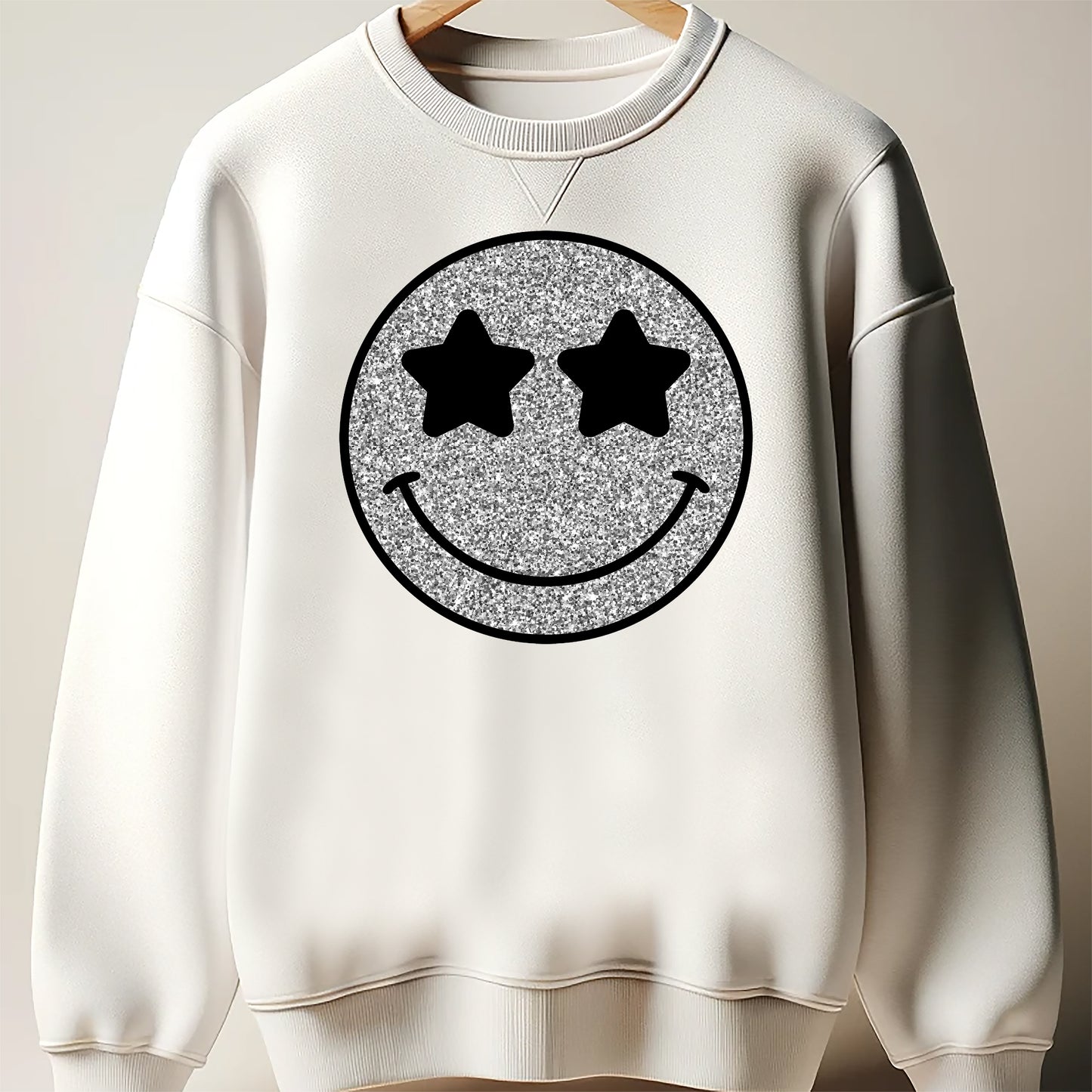 Silver Glitter Smile Face DTF Transfer ready for press