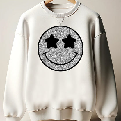 Silver Glitter Smile Face DTF Transfer ready for press