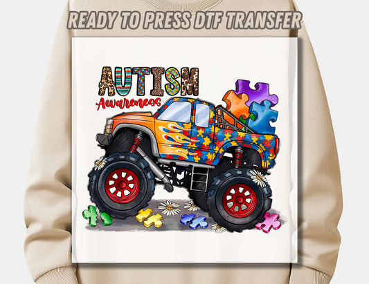 Autism Monster Truck DTF Transfer ready to press
