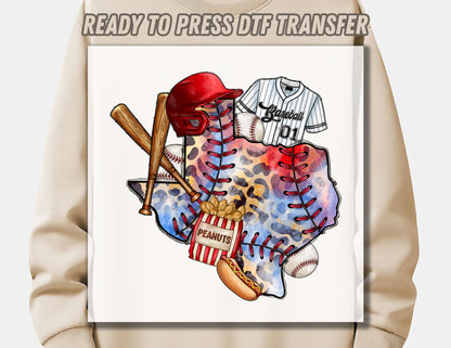 Baseball Texas Map DTF Transfer ready for press