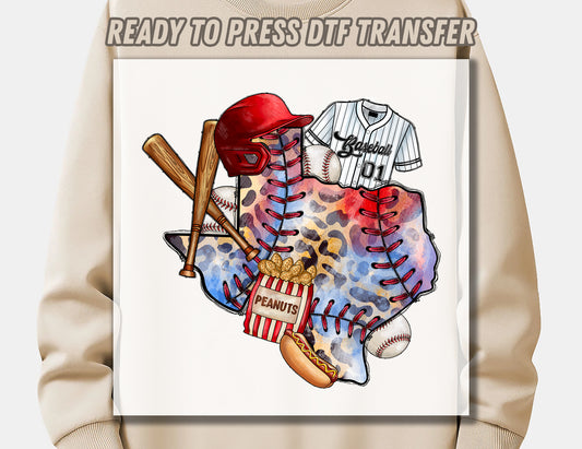 Baseball Texas Map DTF Transfer ready for press
