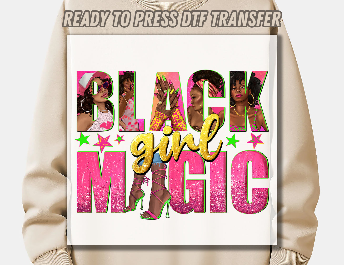 Black girl magic with afro black women DTF Transfer ready for press