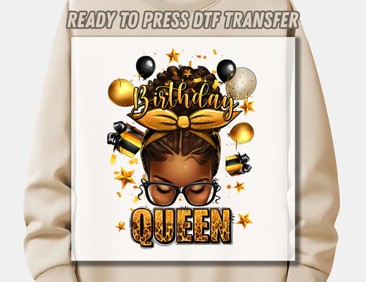 Birthday queen afro messy bun DTF Transfer ready for press