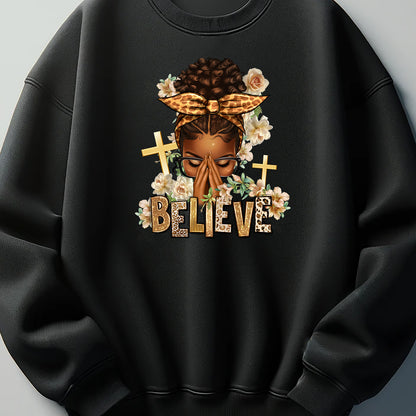 Believe praying afro messy bun DTF Transfer ready for press